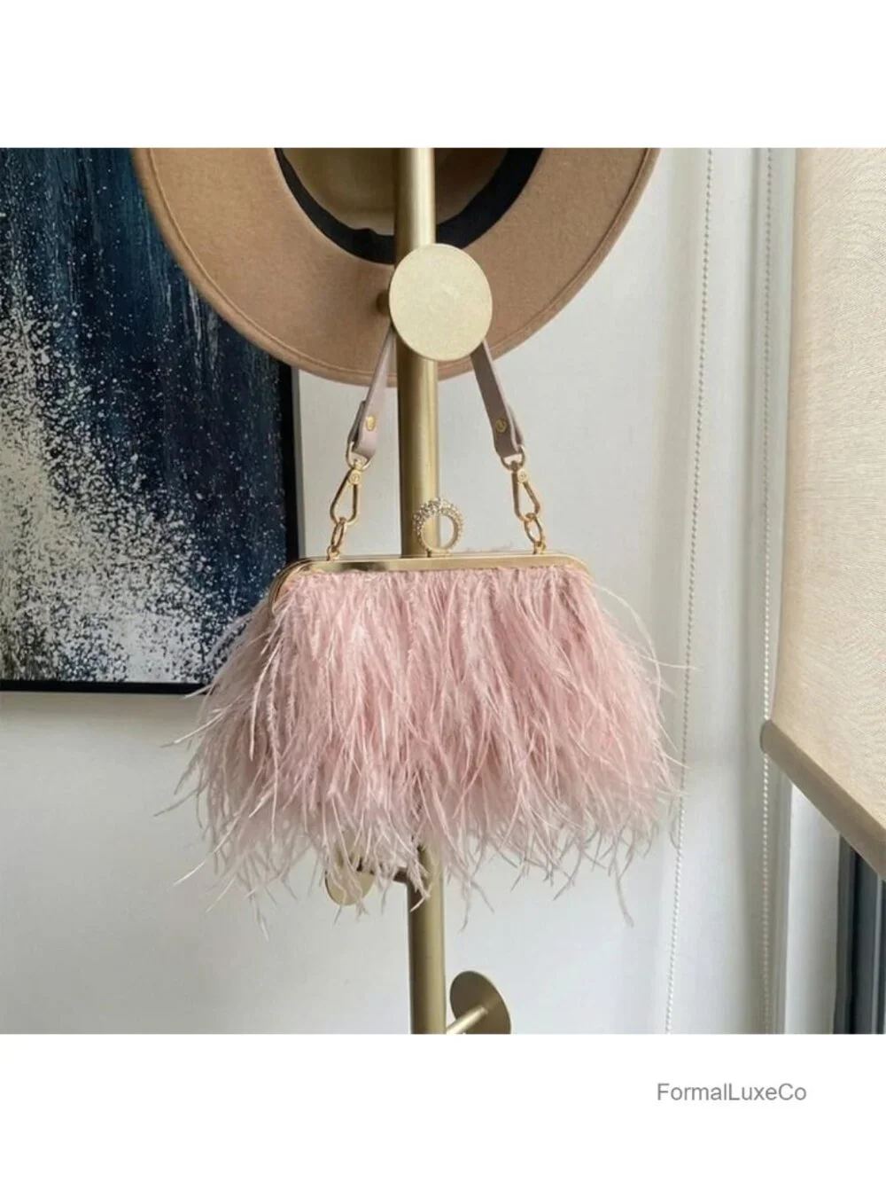 Fluffy Ostrich Feather Clutch Evening Bag with Crystal Twist Lock
